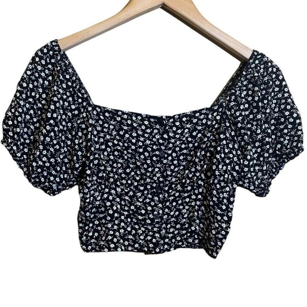 Garage Black Floral‎ Puff Sleeve Crop Top Square Neck Smocked Back TP/XS